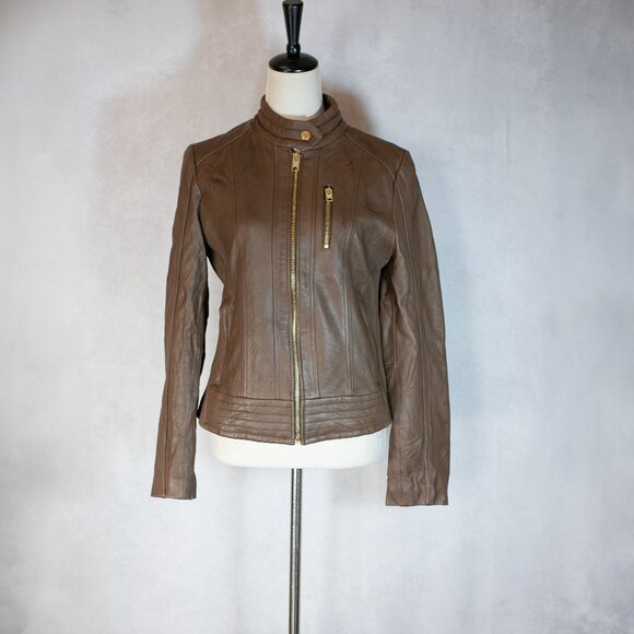 NWOT Michael Kors Womens Snap Collar Moto Leather Jacket Brown Size M - Picture 1 of 16